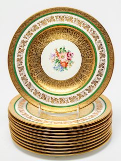 Cauldon English Porcelain Plates Green & Gilt, 11