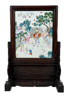 Chinese Porcelain Screen with Carved Stand