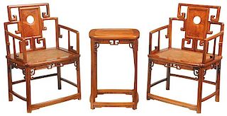 Pair Chinese Carved Hardwood Armchairs, Table