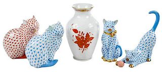 Five Herend Porcelain Objects, Cats, Vase