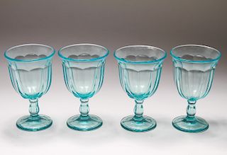 Blue Molded Glass Footed Stemmed Goblets Set of 4