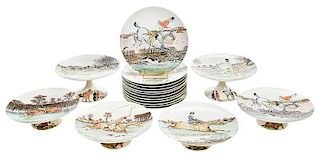 18 Piece Set, Comical Fox Hunt Plates and Tazzas