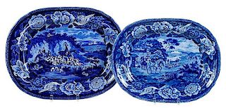 Two Blue Transfer Decorated Hunt Motif Platters
