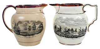 Two Historic Transfer Decorated Lustre Pitchers