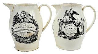 Two Black Transfer Decorated Creamware Pitchers