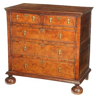 William and Mary Burl Wood Five Drawer Chest