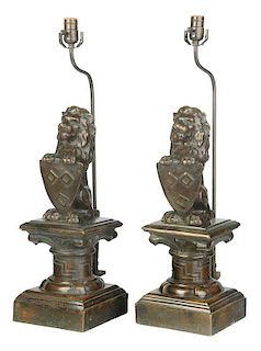 Pair Bronze Heraldic Lion Lamps