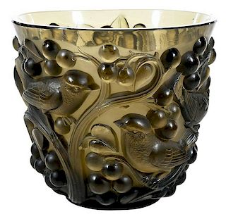 R. Lalique Avallon Smokey Gray Glass Vase