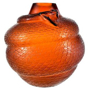 R. Lalique Serpent Amber Glass Vase