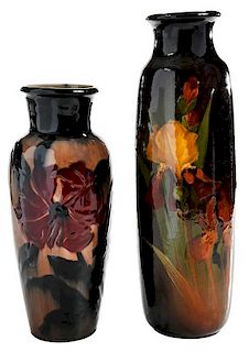Two Tall High Glazed Vases, Weller and Rookwood