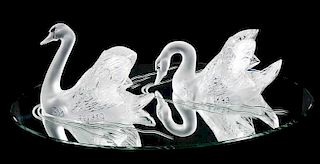 Pair Lalique Cygnes Swans with Mirror