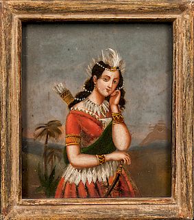 Oil on Tin Painting Depicting an Indian Woman