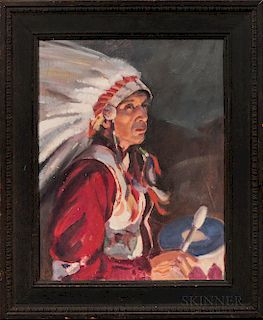 Oil on Canvasboard Portrait of a Plains Indian Drummer