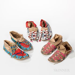 Three Pairs of Plains Beaded Hide Moccasins