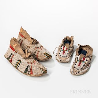 Two Pairs of Plains Beaded Hide Moccasins