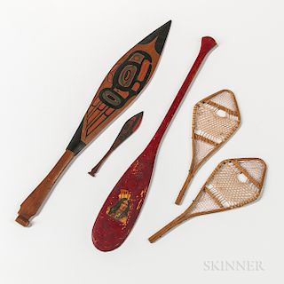 Three Miniature Canoe Paddles and a Pair of Miniature Snowshoes