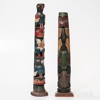 Two Northwest Coast Polychrome Wooden Model Totem Poles
