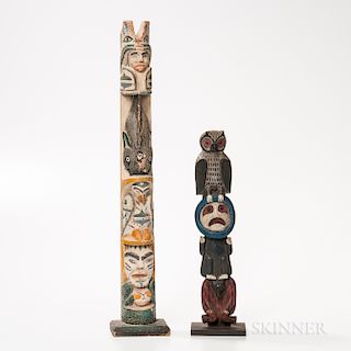 Two Northwest Coast Polychrome Wooden Model Totem Poles