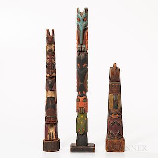 Three Northwest Coast Polychrome Wooden Model Totem Poles
