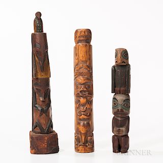 Three Northwest Coast Polychrome Wooden Model Totem Poles