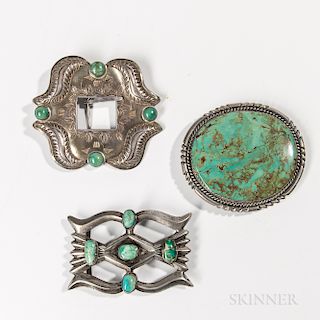 Three Navajo Silver and Turquoise Belt Buckles