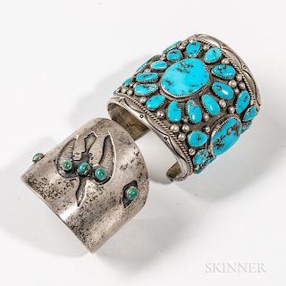 Two Navajo Silver and Turquoise Cuff Bracelets