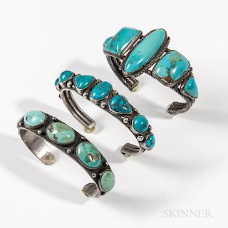 Three Navajo Silver and Turquoise Bracelets