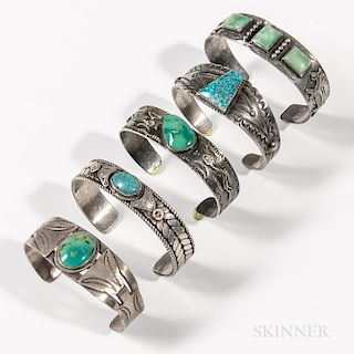 Five Navajo Silver and Turquoise Bracelets
