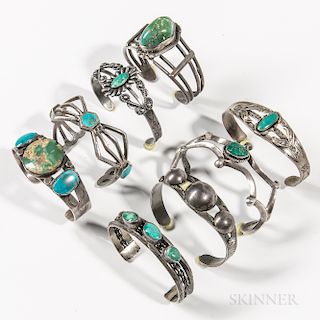 Eight Navajo Silver and Turquoise Bracelets