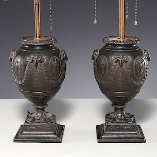 Pair Wedgwood black basalt urn lamps