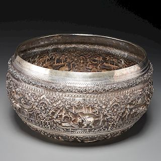 Huge Burmese silver ceremonial bowl