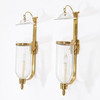 Pair brass and glass hurricane sconces by Sarreid