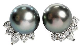 Platinum, Pearl and Diamond Earrings