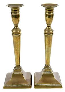 Pair Tall George III Beaded Brass Candlesticks