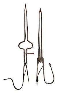 Two Pairs Early Wrought Iron Spring Pipe Tongs