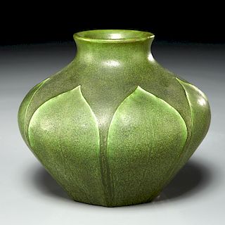 Grueby green leaf decorated vase