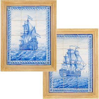 (2) Antique Delft tile warship pictures