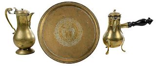Early Brass Tazza with Two Brass Pots