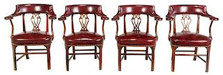 Set Four Red Leather Upholstered Armchairs