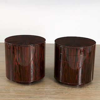 Pair Deco style Macassar drum table cabinets