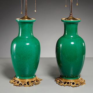 Pair Chinese gilt bronze mounted green vases