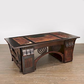 Nice Art Nouveau carved oak pedestal desk