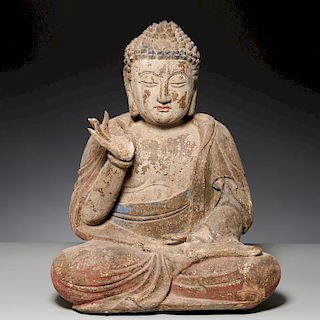 Large carved polychromed wood Amida Buddha