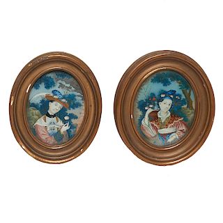 China Trade, pair old reverse painted portraits