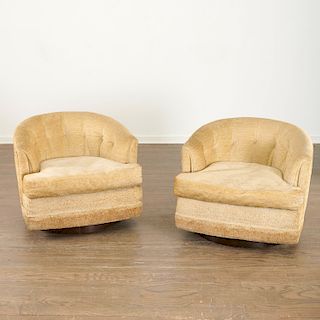 Pair Milo Baughman style swivel easy chairs