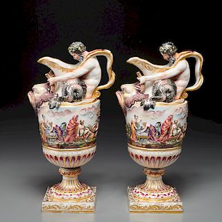 Pair Capodimonte porcelain Nereid ewers