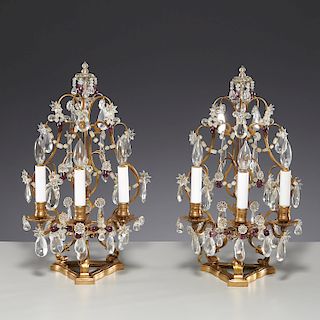 Pair gilt metal and crystal candelabra table lamps