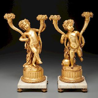 Pair Louis XVI style gilt bronze putti candelabra