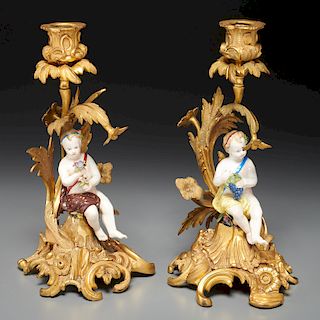 Pair Continental Rococo gilt bronze candlesticks
