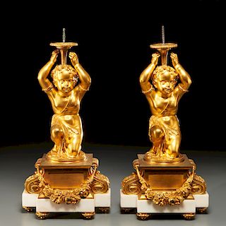 Pair large Louis XVI style gilt bronze pedestals